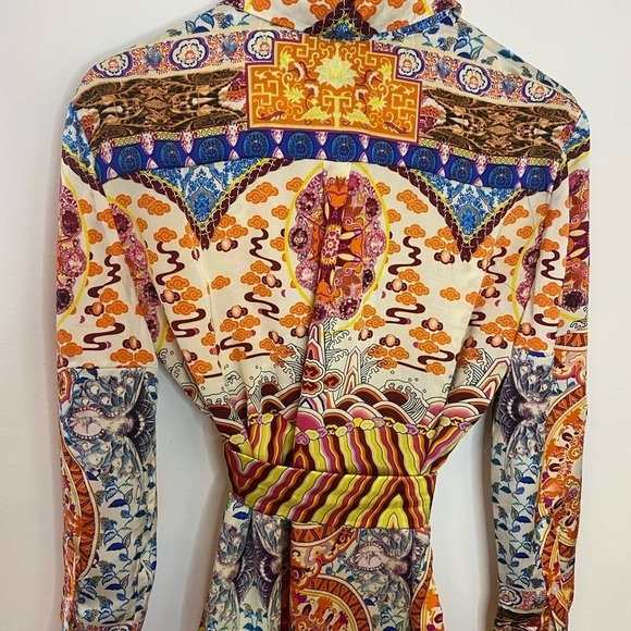 KAS Designs Multicolor Abstract Print Tie Waist Satin Shirt Dress - Picture 3 of 6